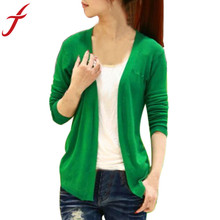 Feitong Women Candy Color Irregular Hem Long Sleeve Slim Thin Women Knitted Cardigan Sweater Blouse Tops