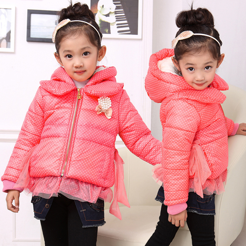Free shipping winter girl leisure lace hem dot design brief paragraph cotton-padded clothes girl outerwear children clothes