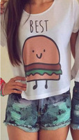 Angeliat 2015 new casual women\'s t shirt hamburger Printed t shirt