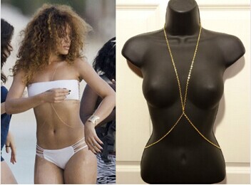 2015 Rihanna Style Bikini Sexy Golden plated Body Chains Necklace For Women Belly Harness Chain Necklace