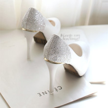 2016 Korean women shoe heels with ultra fine high-heeled waterproof Taiwan round sequins sets foot white wedding shoes