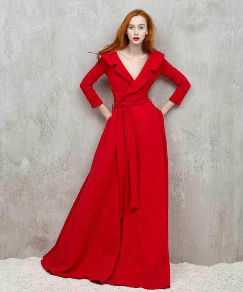 New 2015 Winter European American Fashion Brand High Waist Turn-Down Collar Covered Button Red Floor-Length Dress With Belt