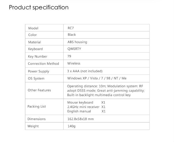 Measy RC7 Bluetooth Keyboard with Touchpad IR Remote