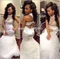 Beaded Rhinestones White And Gold Mermaid Backless Long Prom Party Dress Evening Gown Vestido De Festa