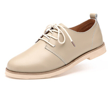 Female Unisex Preppy Style Womens Ladies Fashion Classic Round Toe Lace Up Low Heel Oxford Genuine Leather Shoes For Women Flats