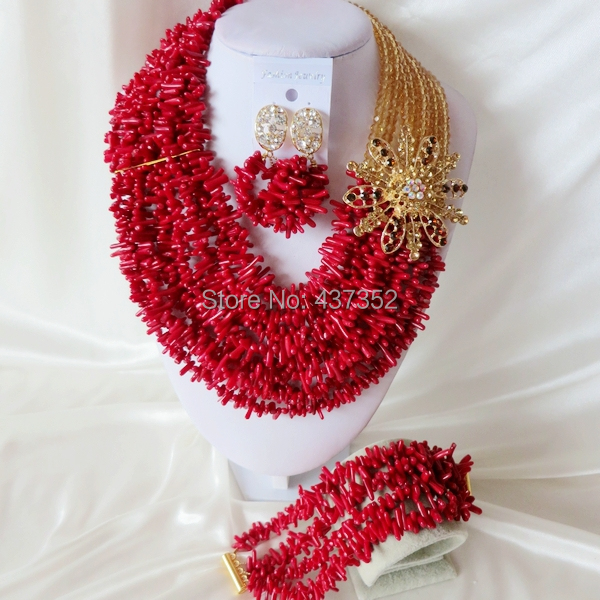 Handmade Nigerian African Wedding Beads Jewelry Set , Champagne Gold Crystal Coral Beads Necklace Bracelet Earrings Set CWS-404