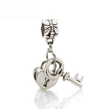 Free Shipping 1Pc Silver Bead Charm European Silver with Love Lock key Charm Pendant Bead Fit Pandora Bracelet