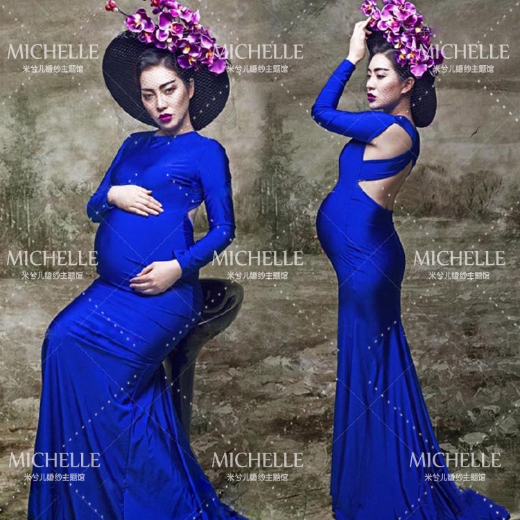 Authentic Royal Maternity Photography Props Pregnant Women Noble Long Hem Trailing Blue sexy Dress Photo Shoot Fancy costume