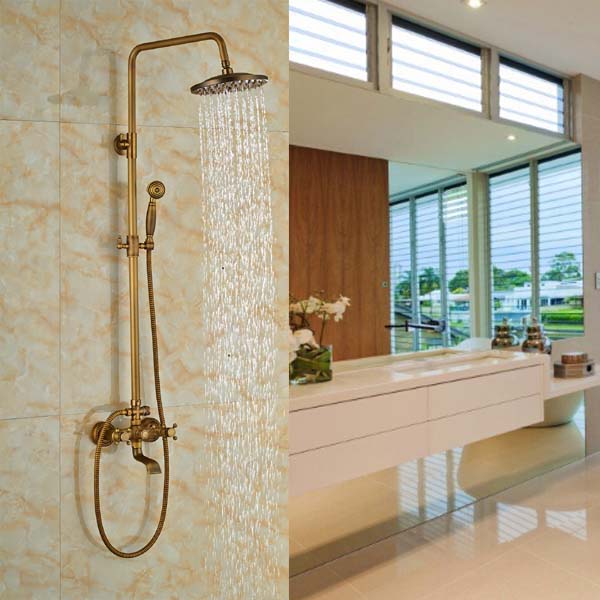 Shower Faucet Set Mixer Tap 8-inch Rain Shower Head Antique Brass