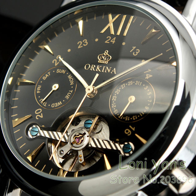 Orkina Fashion Black Dial Tourbillion Men Day Automatic Black Leather Wrist Mechanical Watch+Gift Box Free Ship