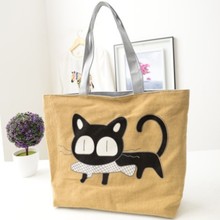 Lovely Girl s Cartoon Cat Eat Fish Shopping Shoulder Bags Canvas Women Handbag Beach Bag Tote