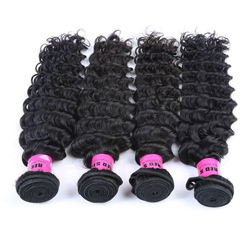4 Bundles Deep Wave Brazilian Virgin Hair Weaves Natural Black Color Can Bleach Unprocessed Human Hair Extensions Free Shipping
