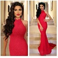 Elegant Red Lace Long Prom Dresses Beautiful High Neck Backless Mermaid Night Dress vestido de gala