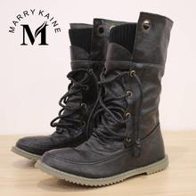 Big size 34-43 Women Half Knee High Boots Vintage Flats Heels Lace Up Warm Winter Fur Shoes Round Toe Platform Snow Boots