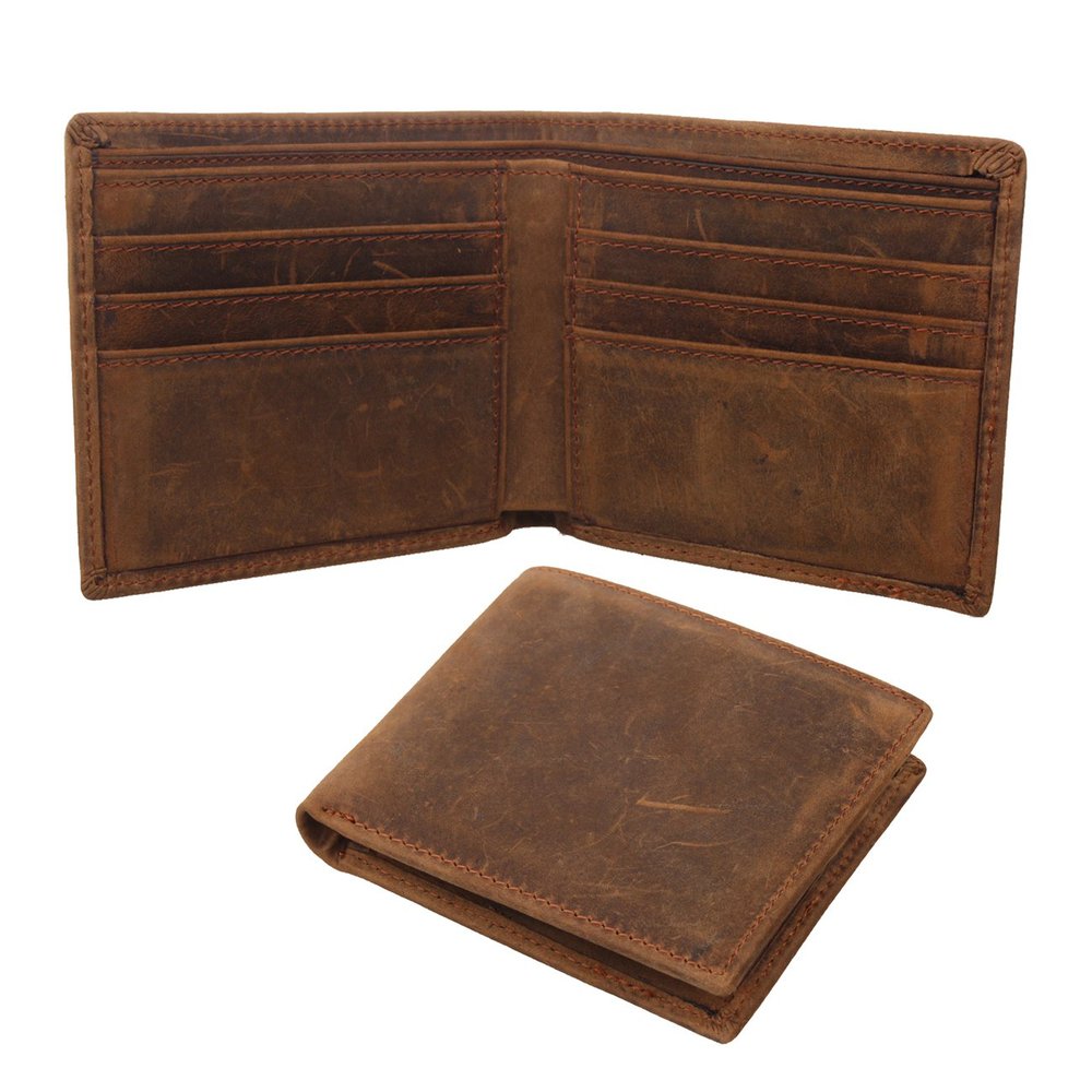 Men's Genuine Cowhide Leather Vintage Bifold Wallet Crazy Horse Leather Money Clip