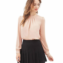 Women Elegant Stand Collar Chiffon Blouses 2016 Spring New Fashion Casual Long Sleeve Cute Sweet Shirts Tops Pink Black