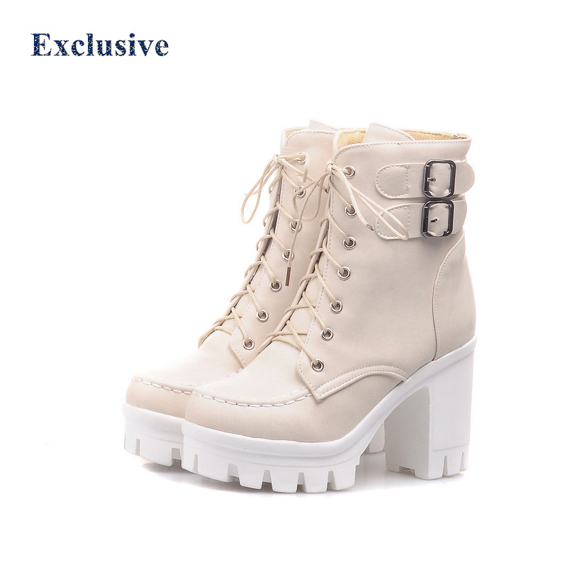 Woman Thick with Ankle Boots Winter Short Plush Buckle High-heeled Shoe Black lacing Buckle High-heeled Shoe Plus Size 33cm-43cm