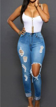 New 2016 Arrival ripped big hole tassels high waisted jeans washed full length denim pants trousers plus size women womans 218