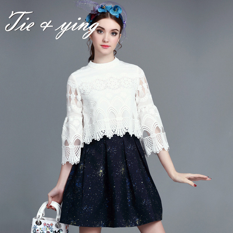 High quality women embroidery floral set 2016 new European fashion runway lace flare sleeve top + print skirt suit female