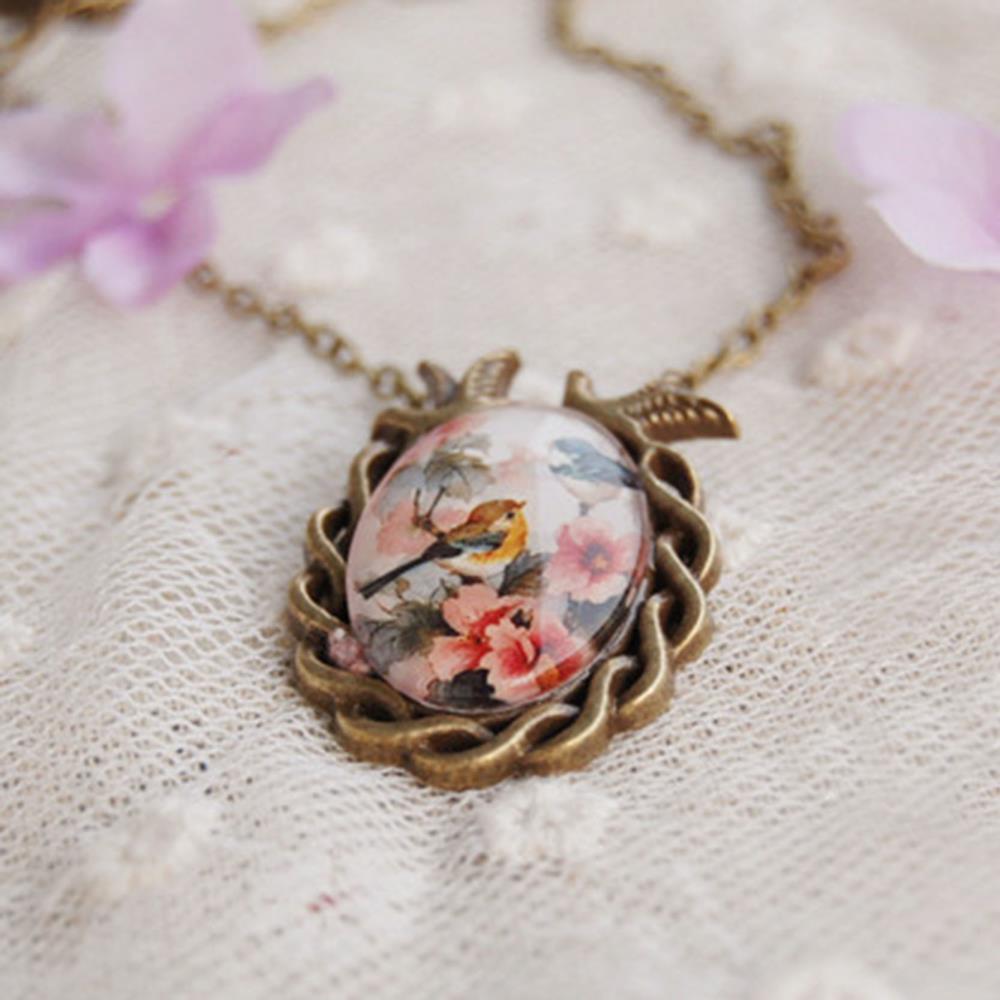 Summer Style Jewelry Vintage Antique Bronze Oval Flower Bird Alloy Pendant Necklace Glass Cabochon Statement Necklace