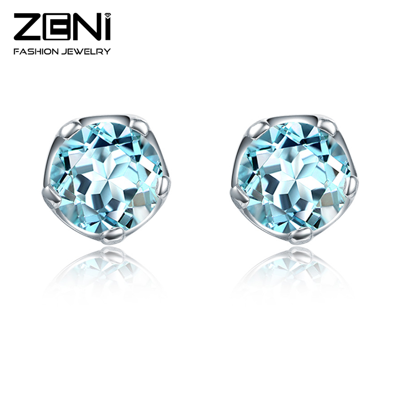 2016 New Fine Jewelry Natural Blue Topaz Stone Round 100% 925 Sterling Silver Stud Earring Zeni Jewelry Valentine's Day Gift