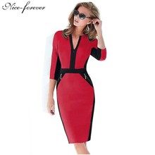 Zipper special 2014 New Arrival  fashion patchwork V neck  formal wear to work evening party bodycon Midi office dress 837