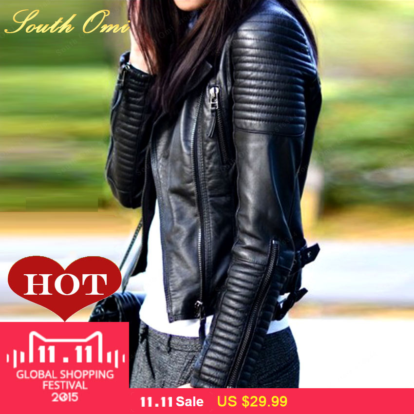 2015 New Fashion Autumn Winter Women Brand Faux Soft Leather Jackets Pu Black Blazer Zippers 