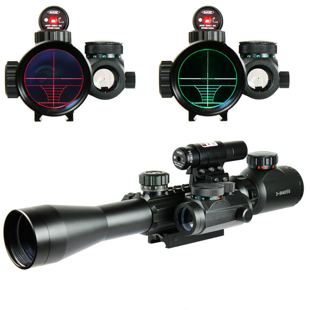 3-9X40 EG Illuminated Hunting Tactical Riflescope with Red Laser Sight & Holographic Dot Combo Airsoft Gun Rifle Weapon Scope