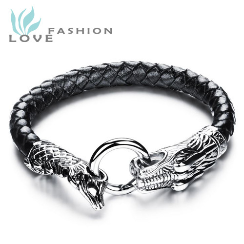 2015 New Fashion Fine Mens Jewelry Genuine Leather Bracelets Stainless Steel Chain Dragon Head Vintage bracelet
