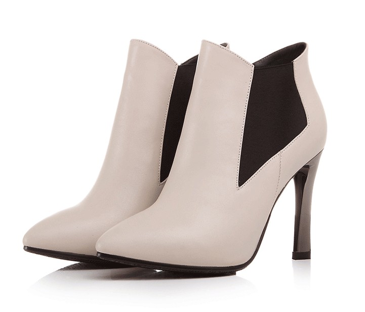 Фотография Boots genuine leather beige pointed toe shoes ultra high heels  small yards  high heel 9.5CM Platform 1CM EUR Size 32-39