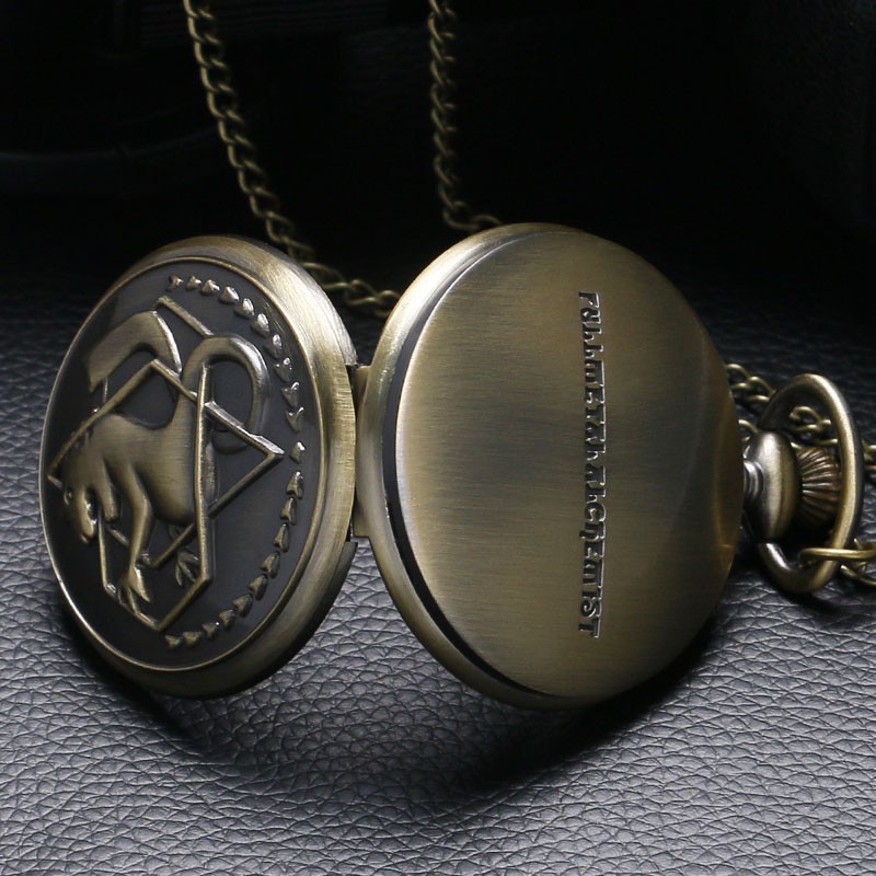 Antique Bronze 1 Set Cospaly Fullmetal Alchemist Edward Pocket Watch & Snake Cross Theme Glass Dome Pendant & Gift Box 