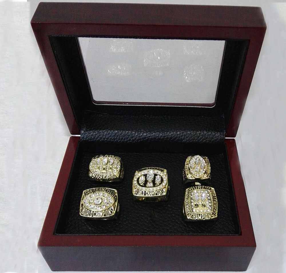 Alloy Rings Sets for Replica Super Bowl 5 Years 1981/1984/1988/1989/1994 San Francisco 49ers Championship Ring With Wooden Boxes