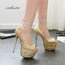 High Heels 16cm Metal Heel Stiletto Red Bottom Pumps Large Size Glitter Peep Toe Party Shoes Black Golden Silver Thick Crust