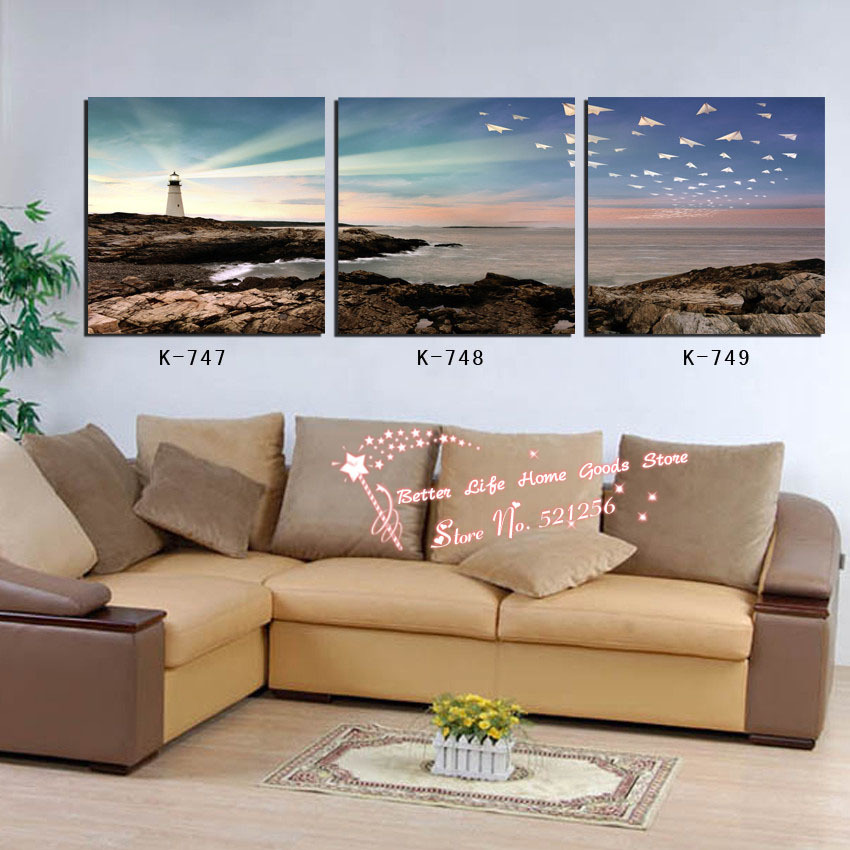 Modern Wall Art Home Decoration Printed Oil Painting Pictures No Frame 3 Piece Lighthouse in Sunrise Gorgeous Seascape Prints