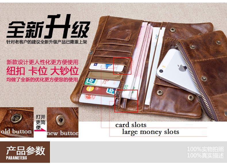 Hot Sales 2015 New Brand Men's Casual Long Wallet Genniune Leather
