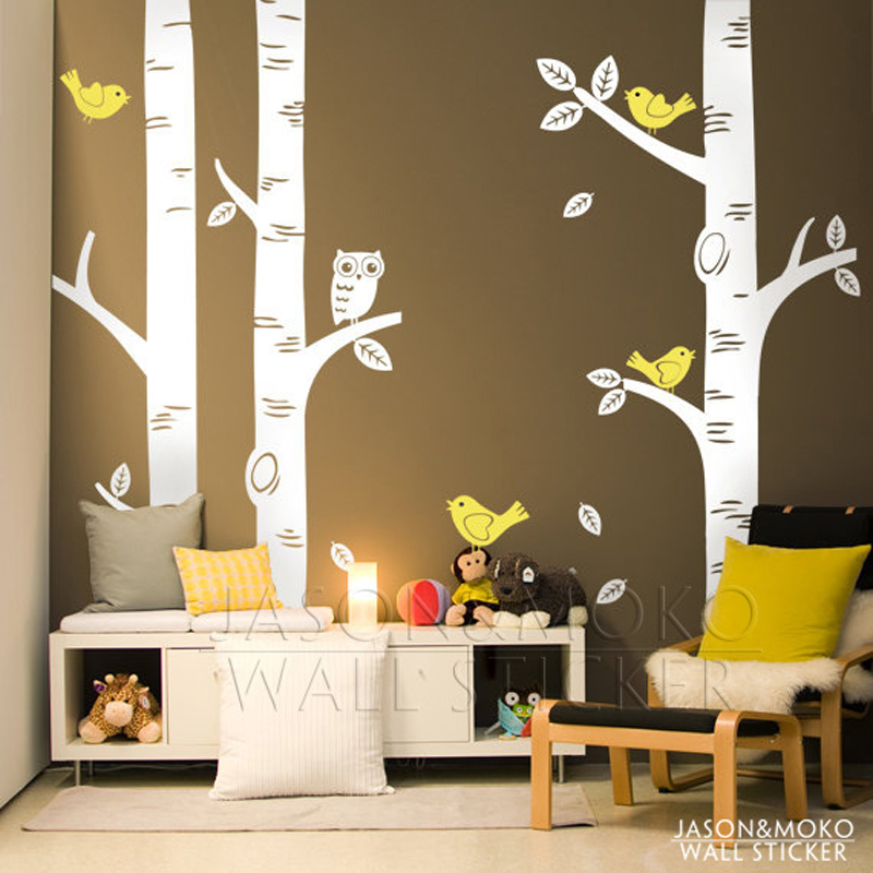 Cute Owl Birds Birch Tree Wall Sticker Decal Wallpaper Mural Kids Forest Home Bedroom Living Room Decoration 250*250CM