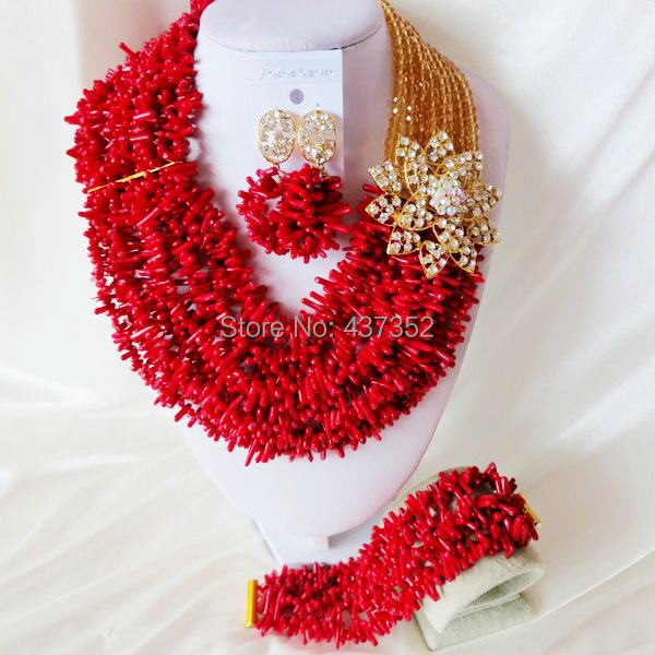 Handmade Nigerian African Wedding Beads Jewelry Set , Champagne Gold Crystal Coral Beads Necklace Bracelet Earrings Set CWS-430