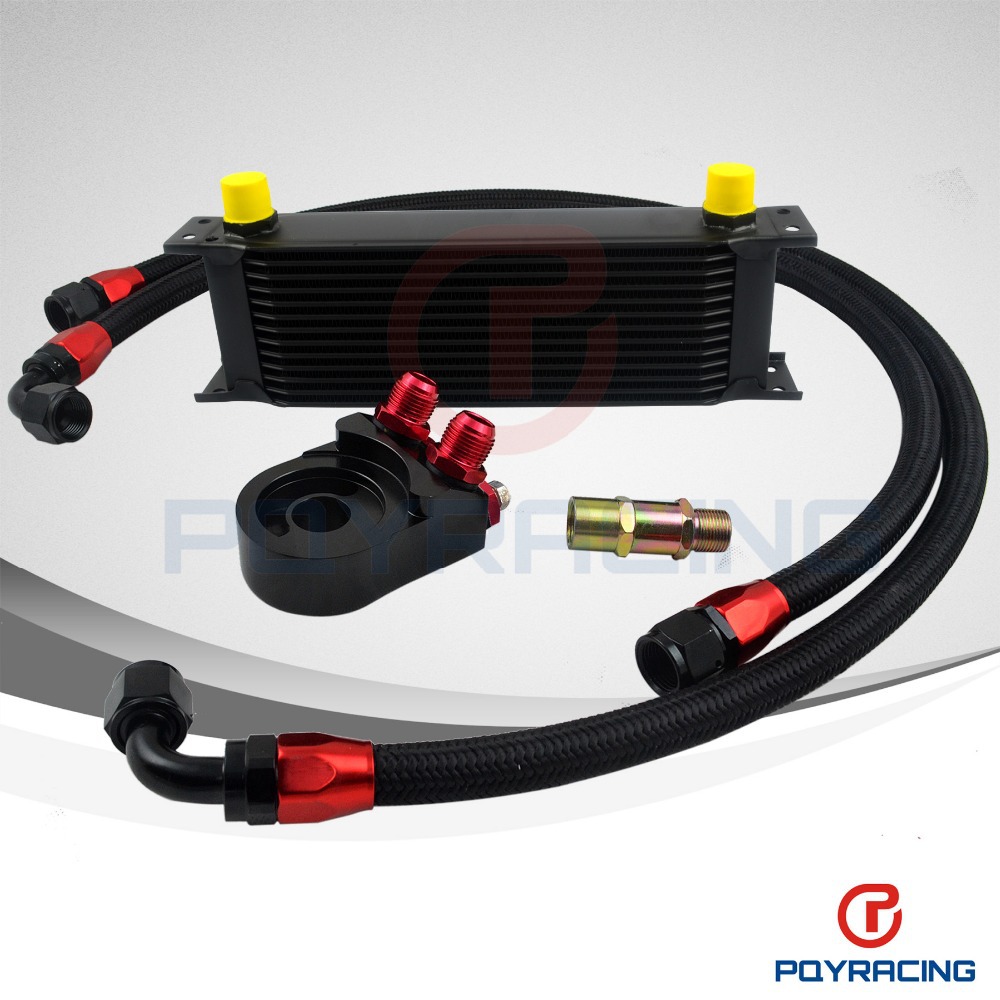 PQY- Universal 13 ROWS OIL COOLER ENGINE +AN10 Oil Filter Cooler Sandwich Plate Adapter Black+2PCS NYLON BRAIDED HOSE LINE BLACK