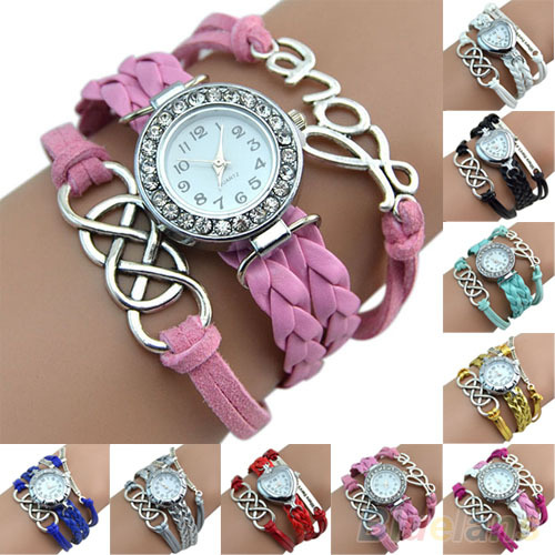 Vintage Eight Love Charm Leather Band Bracelet WristWatches 28SS