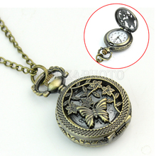 Retro Vintage Bronze Butterfly Flower Hollow Quartz Pocket Watch Chain Necklace