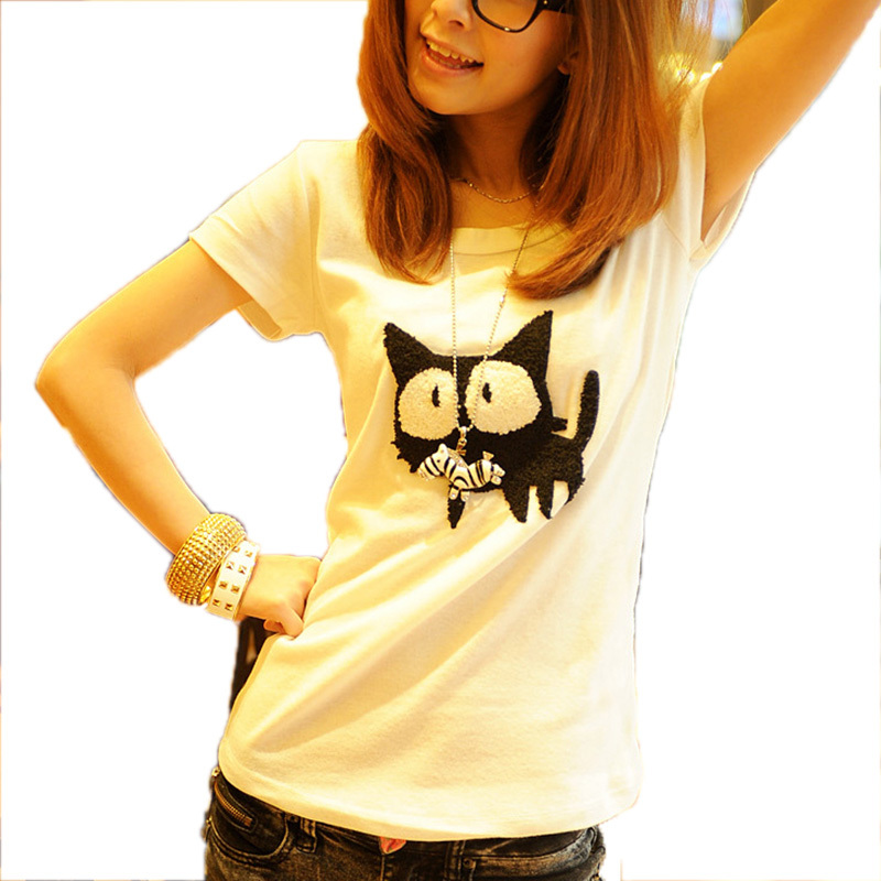 2015 Summer Short Sleeve Women T Shirt Cute Cartoon Cat Print O Neck Elegant T Shirt