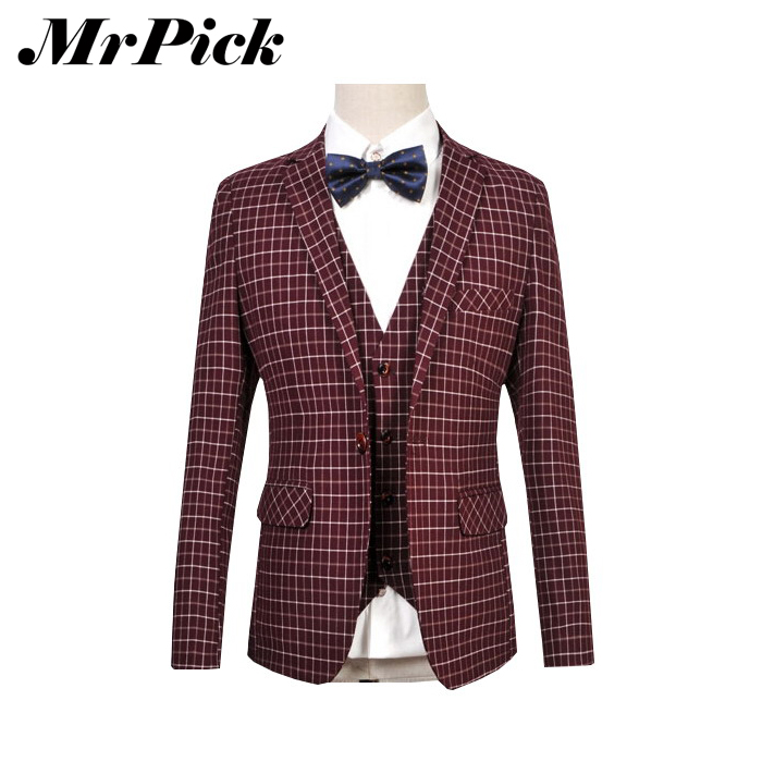 (Jacket+Pants+Vest)Gentlemen Plaid Tuxedo Dress Suits 2015 New Business Fashion Bridegroom Party Men Slim Suits E1639-Euro