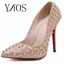 2016 Luxury brand Red bottom High heels shoes Women Sexy pointed toe rivets Pumps silver gold Wedding shoes 313