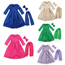 3pcs/set 2016 New Long-sleeved Children’s Muslim Girls Dress + Scarf + Bow Baby Kids Outfits girls sequined dress with bow