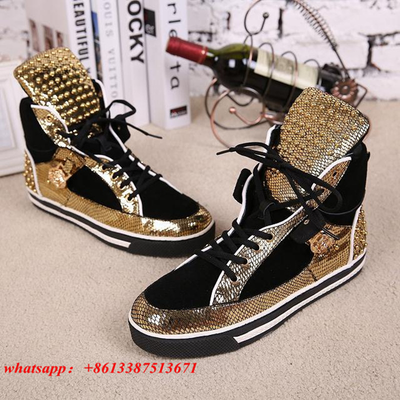 Gold Black Patchwork High Top Trainers Lace Up Studded Flat Casual font b Mens b font
