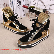 Gold Black Patchwork High Top Trainers Lace Up Studded Flat Casual font b Mens b font