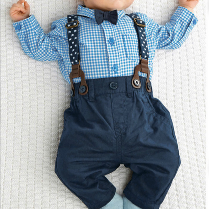 Outfits Baby Boy Autumn font b Plaid b font Shirt Suspender Pants Formal Wedding Outfits