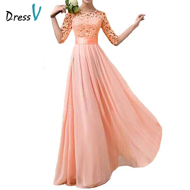 Elegant Half Sleeves Peach Chiffon Lace Bridesmaid Dresses Cheap 2016 Plus Size A Line Long Maid