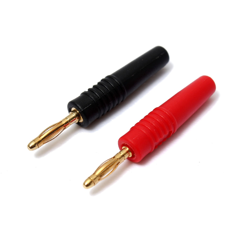 Brand New 2PCS Soft Silicone Gold Male 2 mm Banana Jack Plug Audio Video Connectors Terminals Plastic Handle Male Black+Red