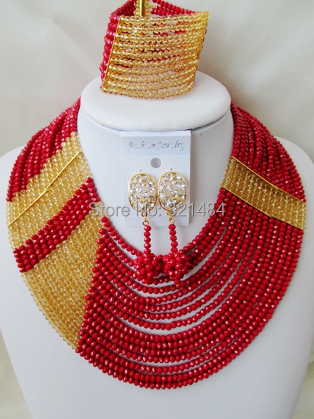Splendid 15 Layers Opaque Red Champagne Gold African Wedding Beads, Costume Nigerian Wedding Beads Crystal Jewelry Set VC612